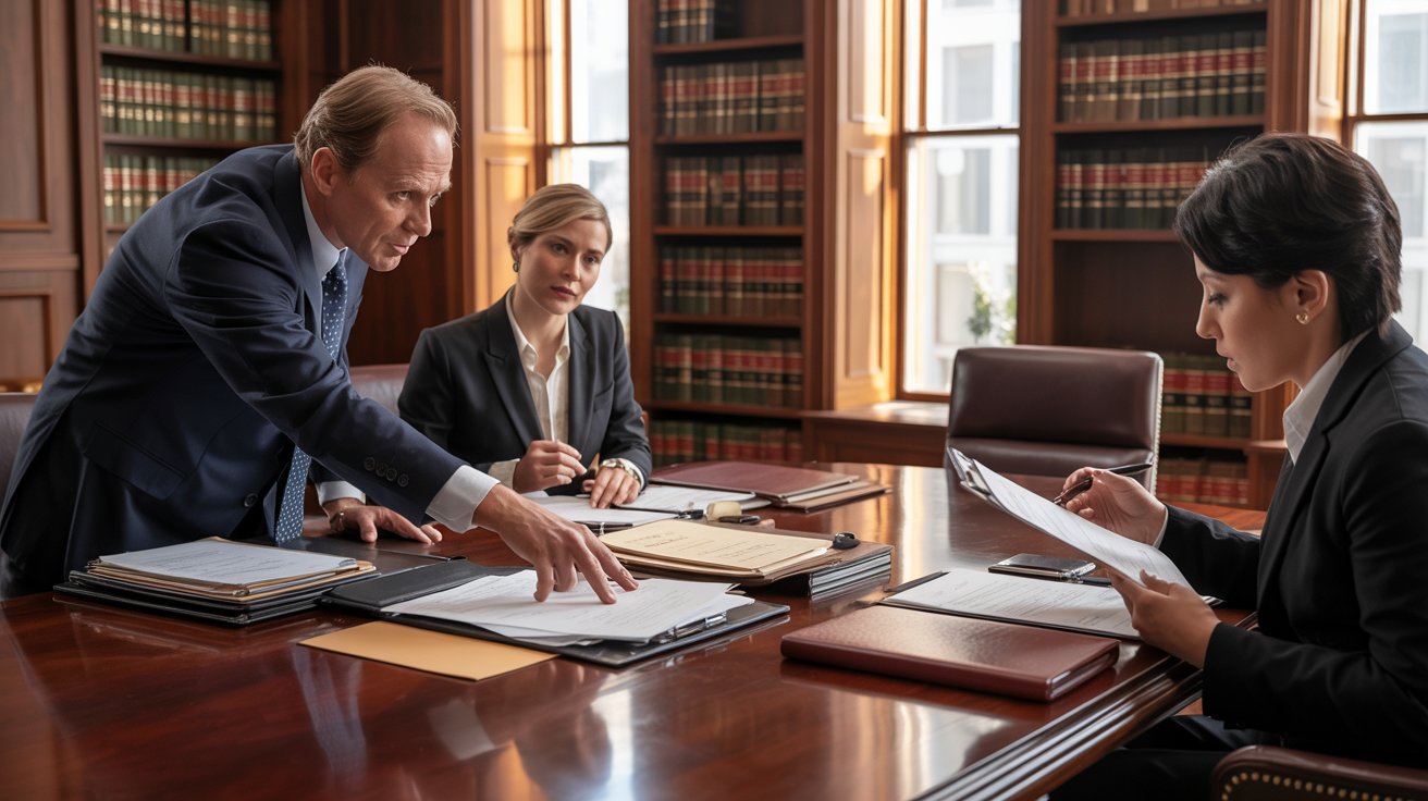 A group of professionals in suits seated around a conference table engaged in discussion.