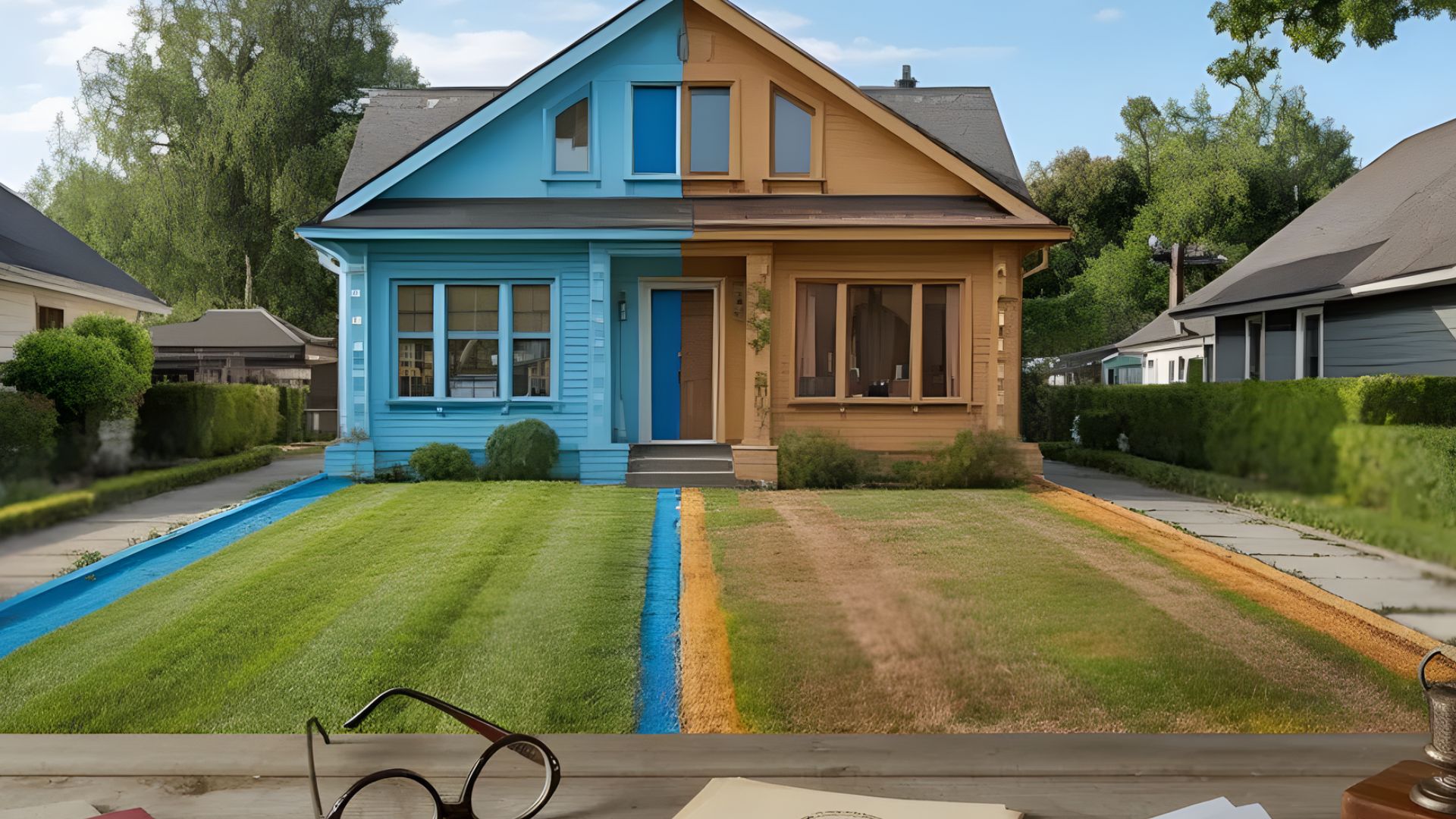 A house with a vibrant blue and yellow front yard, showcasing colorful flowers and well-maintained grass.