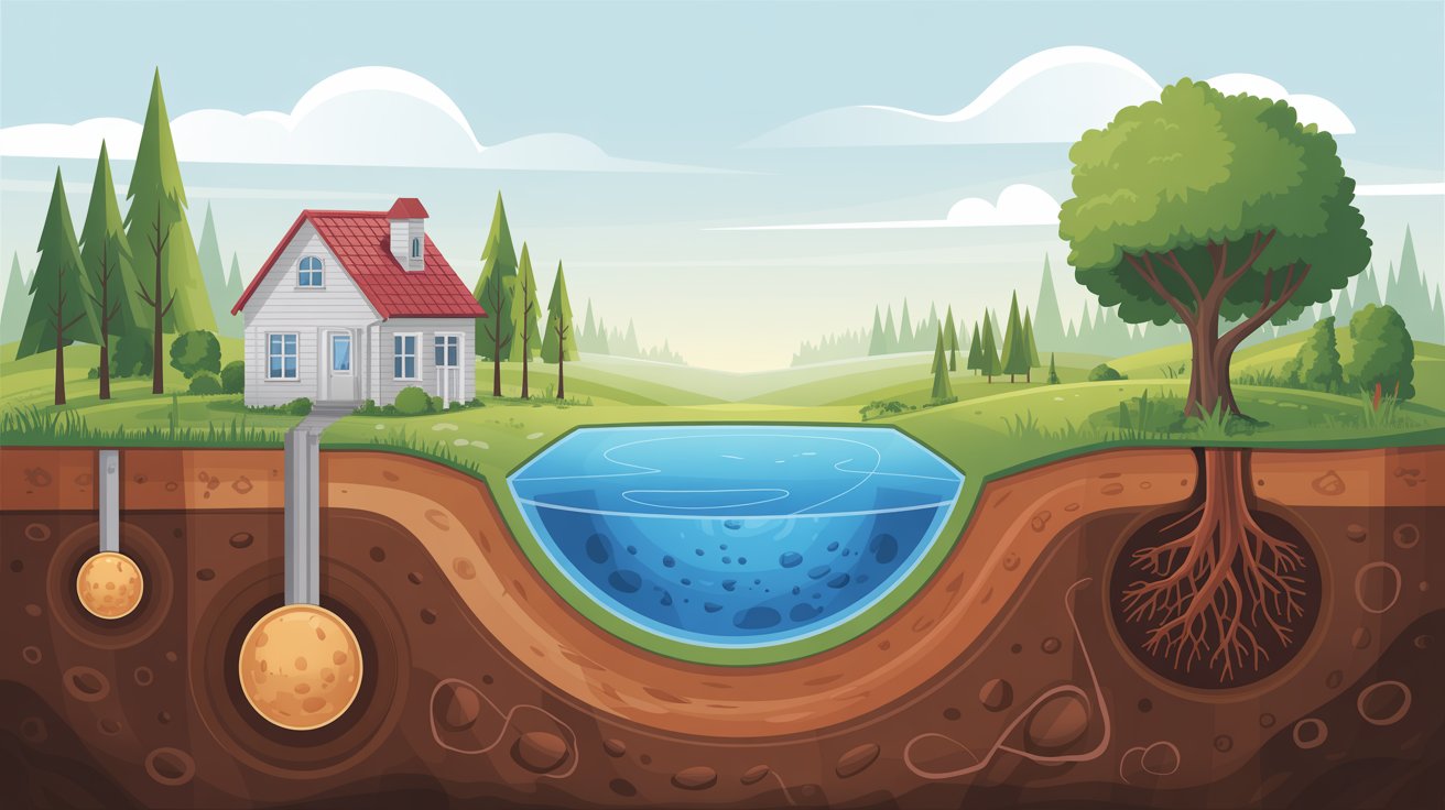 A house and a tree are depicted in soil, surrounded by water, illustrating a serene landscape.