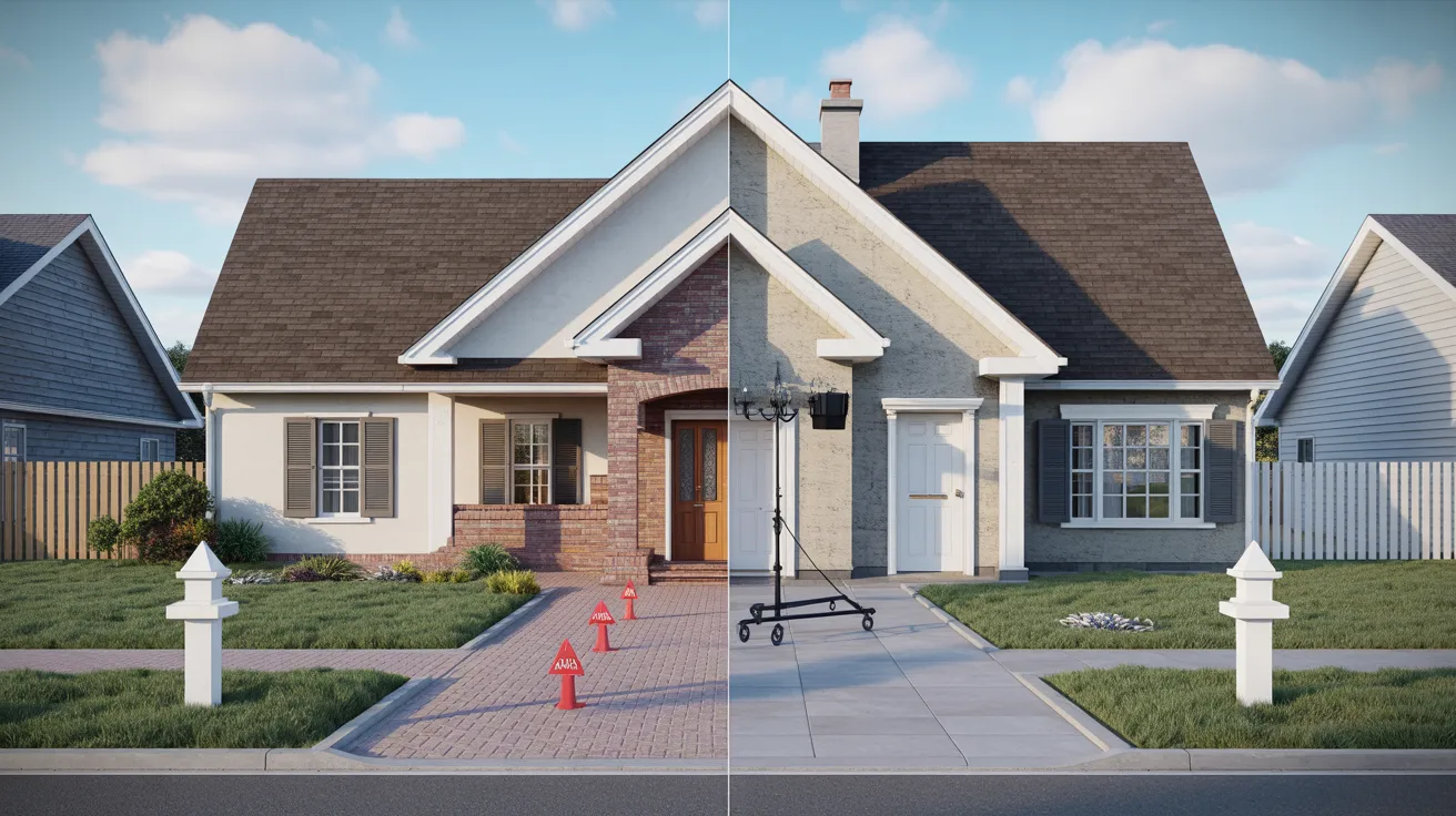 A house featuring a front door and an attached garage, set against a clear blue sky.