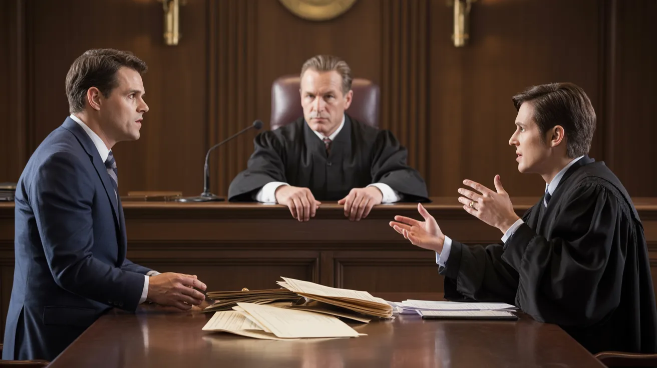Two men in suits seated at a courtroom table, engaged in discussion during a legal proceeding.