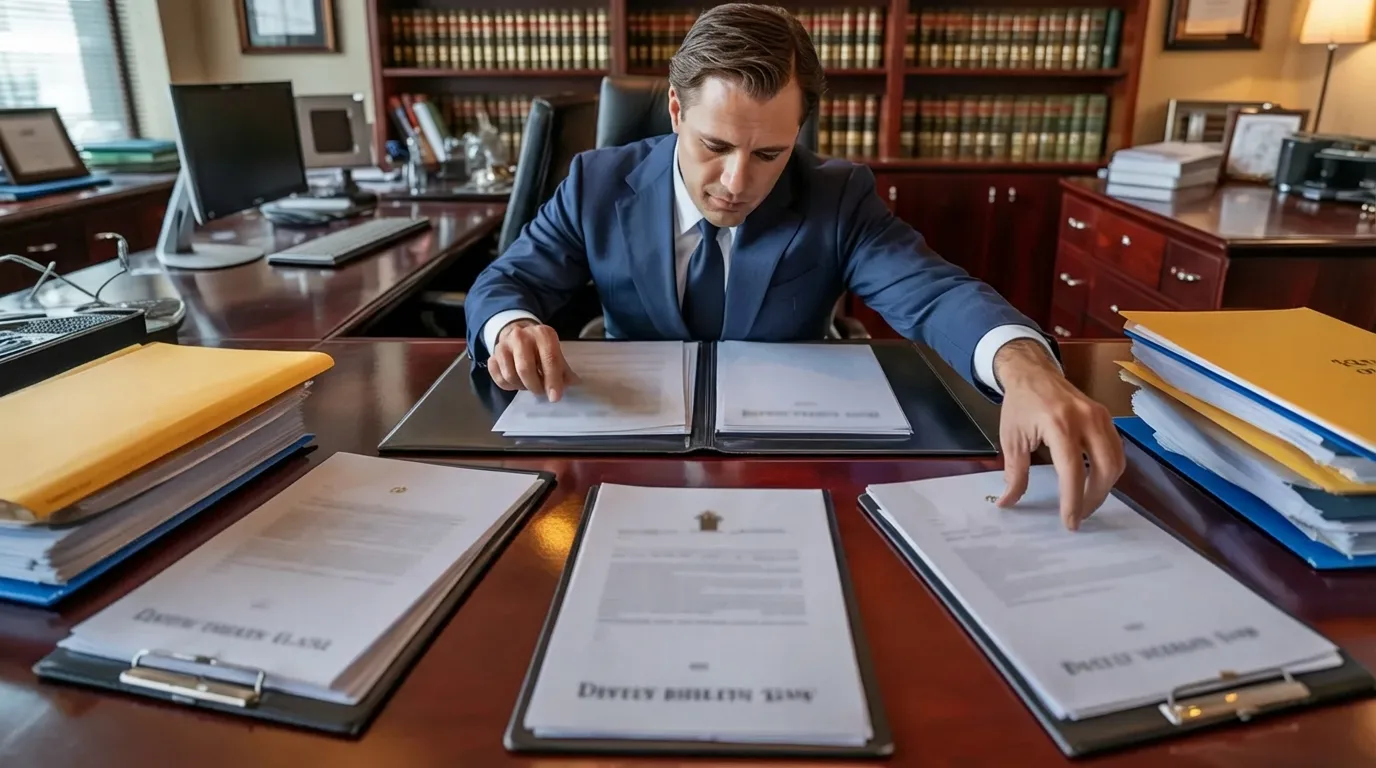 A man in a suit sits at a desk, reviewing papers with a focused expression.