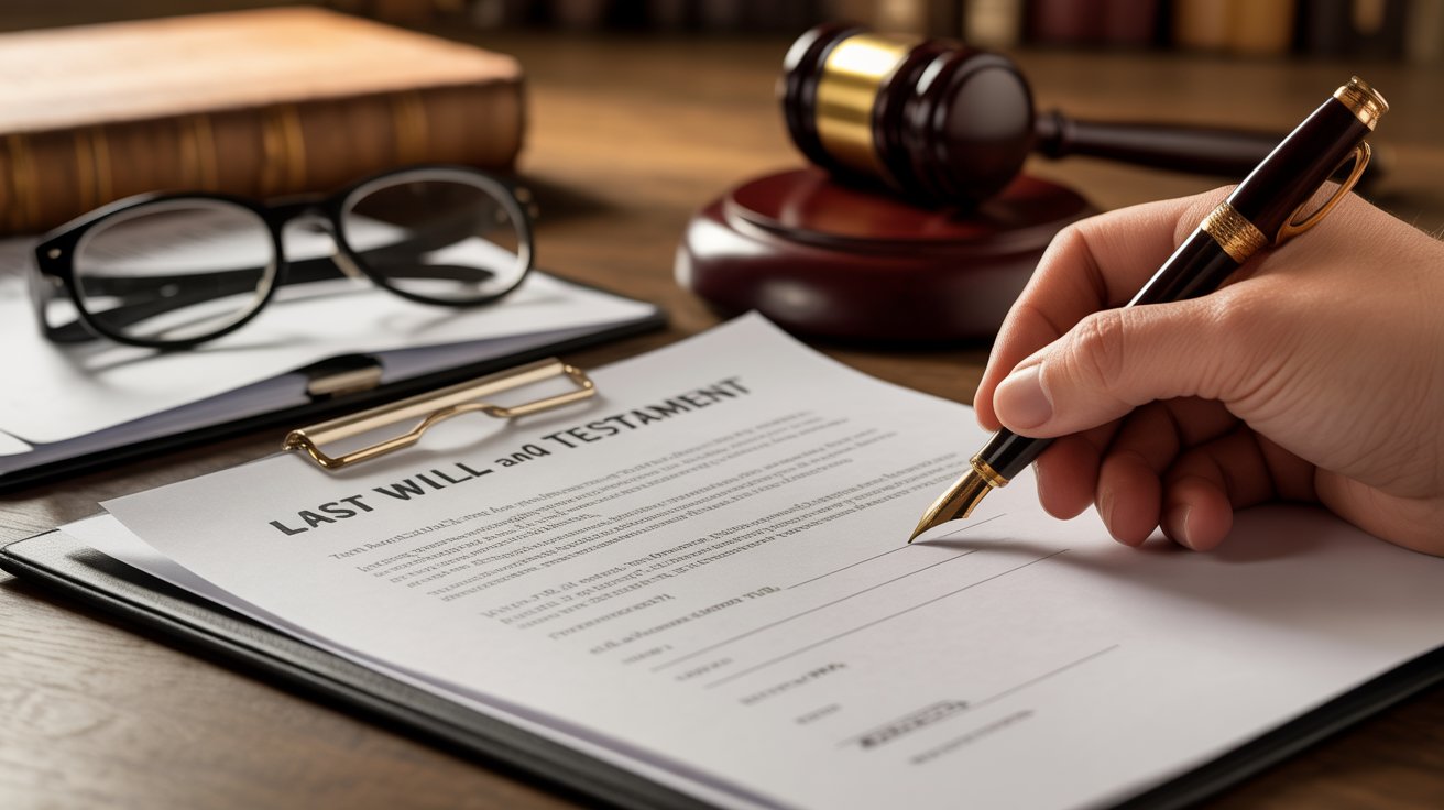 A lawyer's hand writes a will on paper, with glasses resting on the table and a pen in hand.