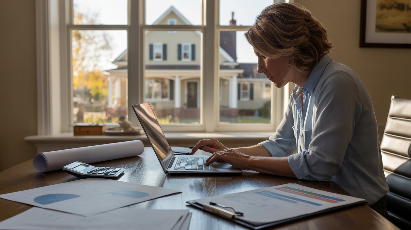 A woman sits at a desk, focused on her laptop, surrounded by papers and a pen.