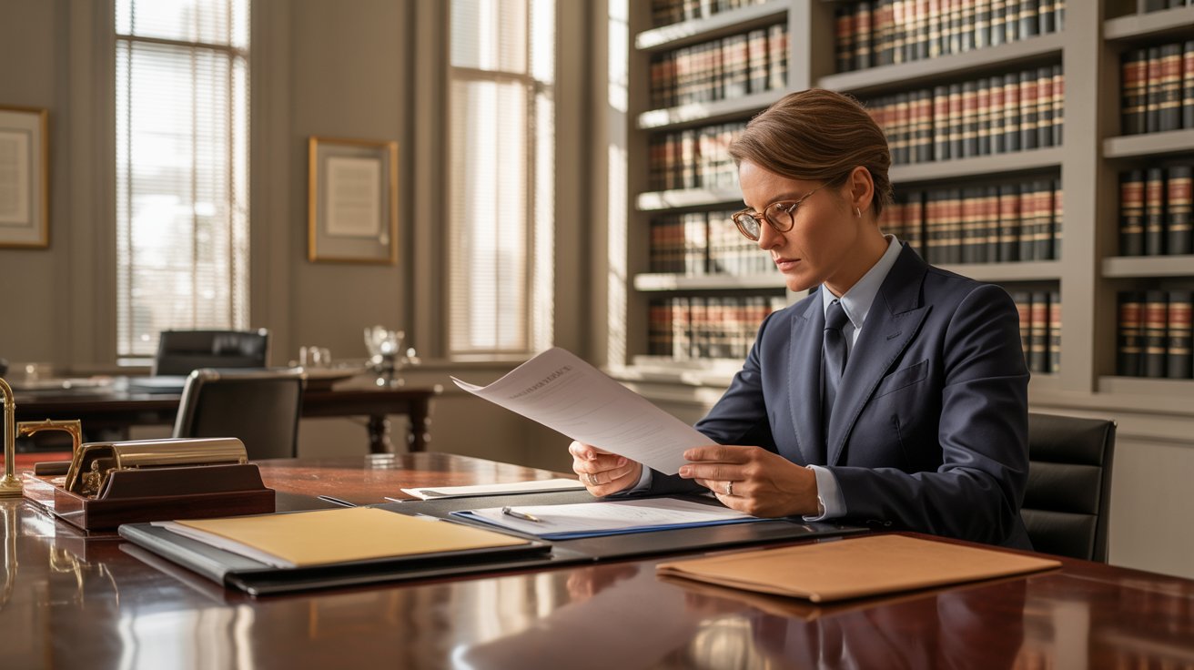 A woman in a suit is focused on reading a document, seated at a desk in a professional setting.