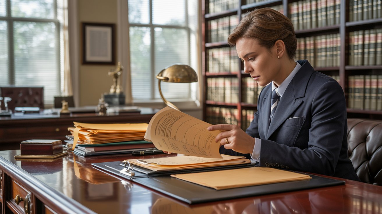 A woman in a suit sits at a desk, focused on a piece of paper in front of her.