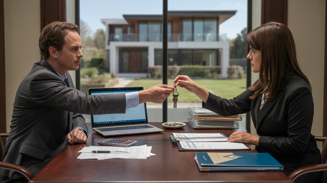 A man and woman sit at a table, holding a key together, engaged in conversation.