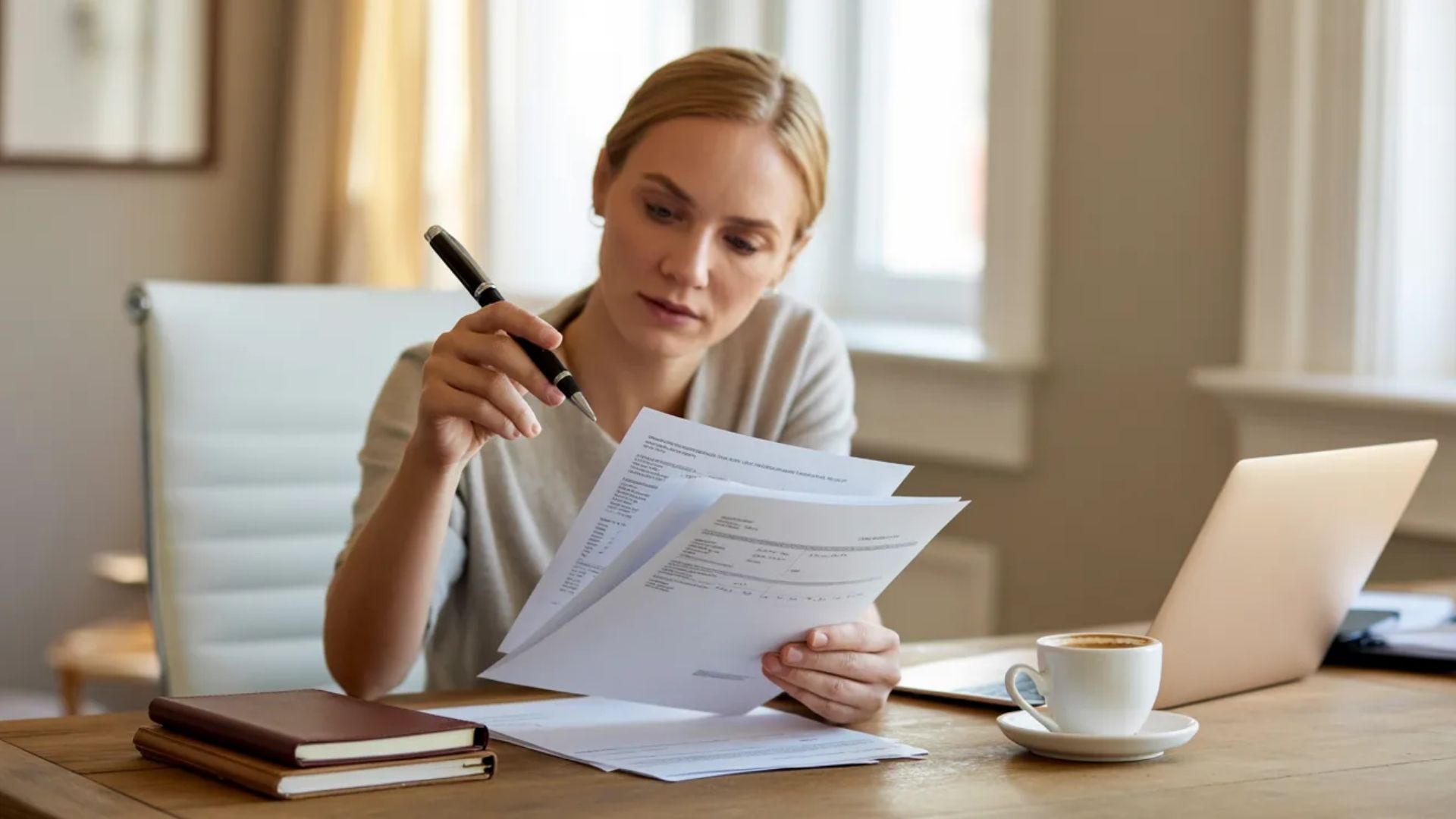 A woman sits at a table, writing with a pen on paper, focused on her task.
