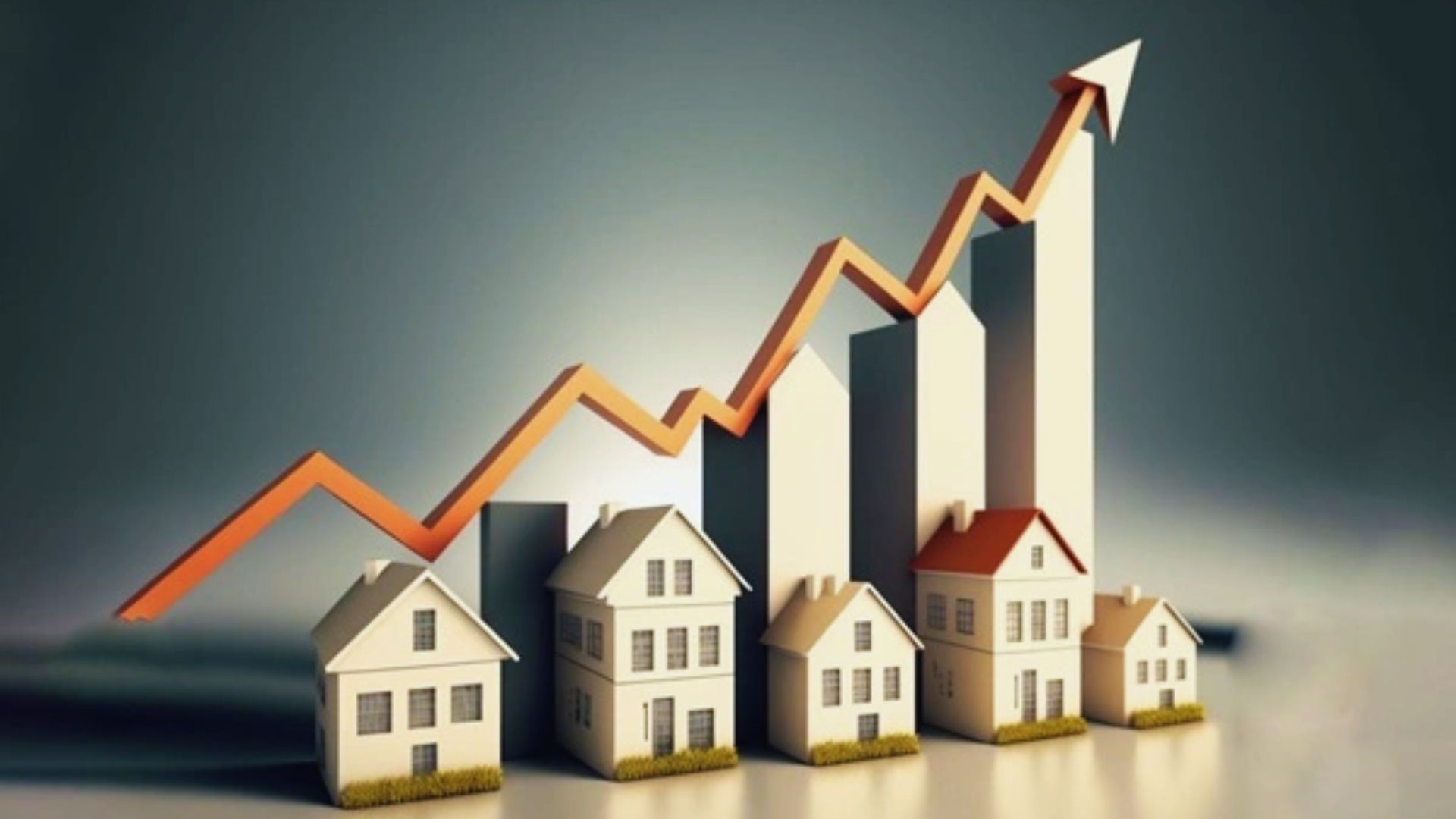 A house with a rising graph beside another house topped with a smaller house, symbolizing growth in real estate.