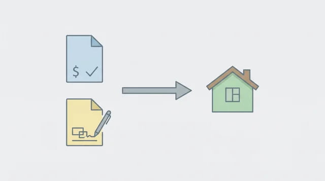 Diagram showing a preapproval document and ownership agreement connected toward a house icon.