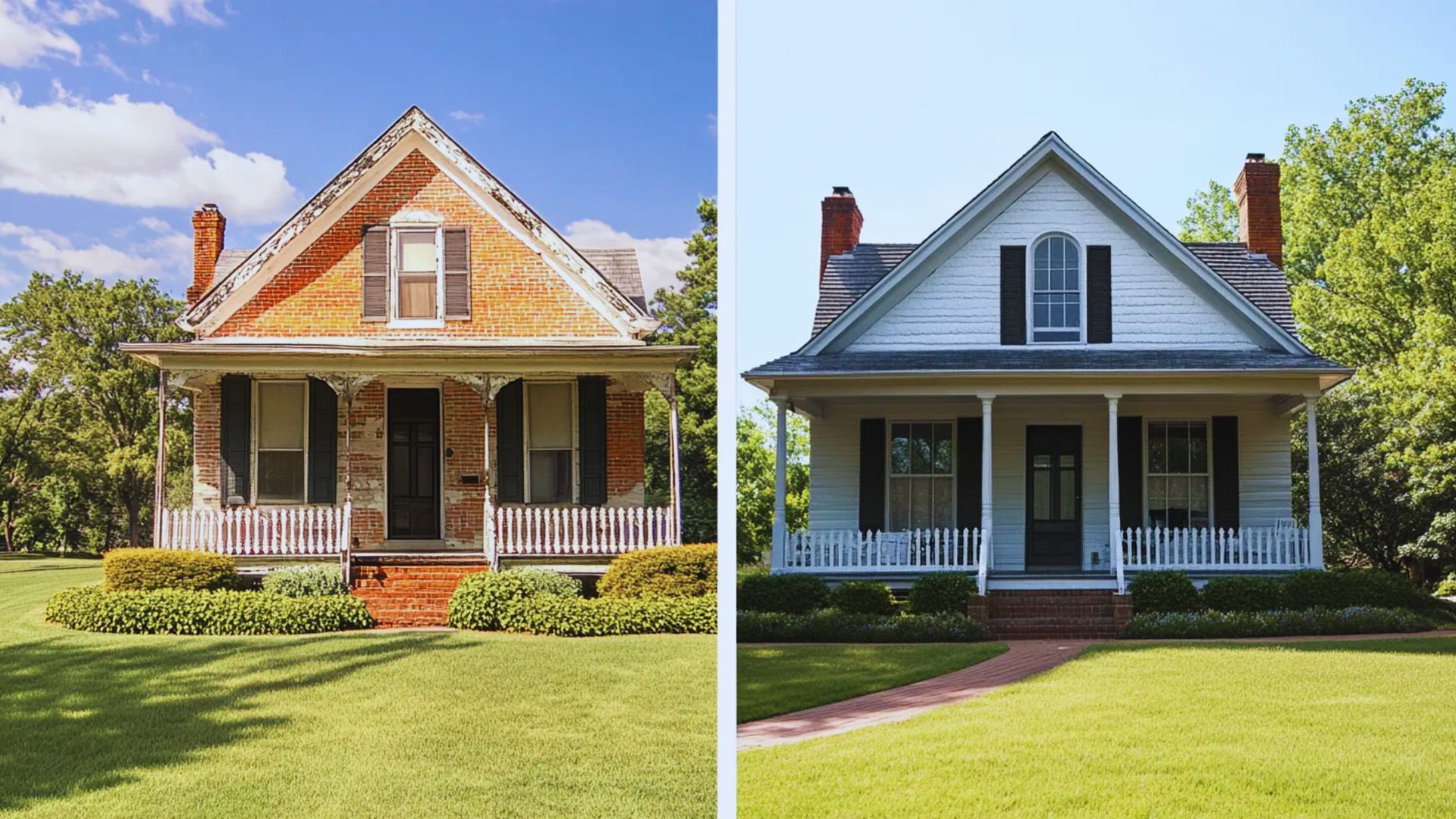 Before and after photos showcasing a house renovation, highlighting significant improvements in design and curb appeal.