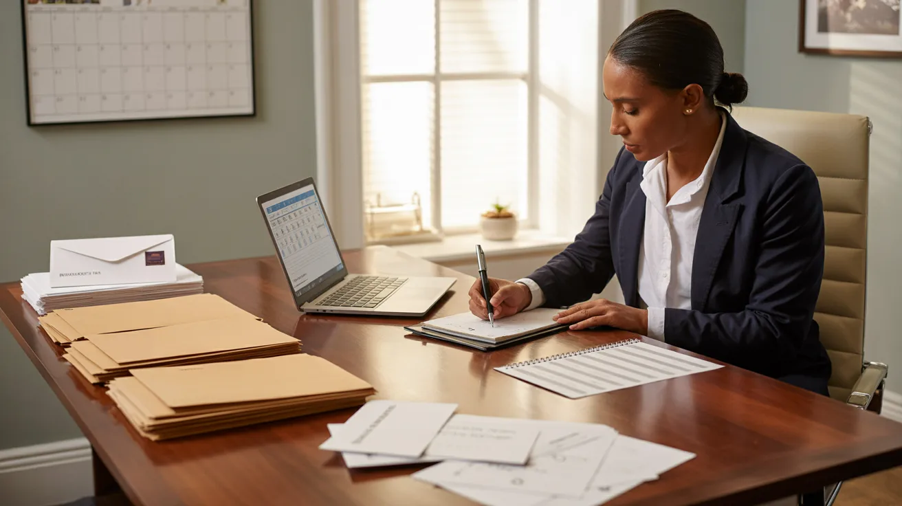 A woman in a business suit sits at a desk, working on a laptop with a focused expression.