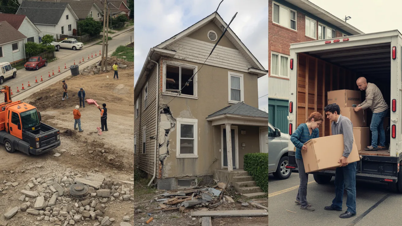 A collage depicting various people working together to move a house, showcasing teamwork and effort in the process.