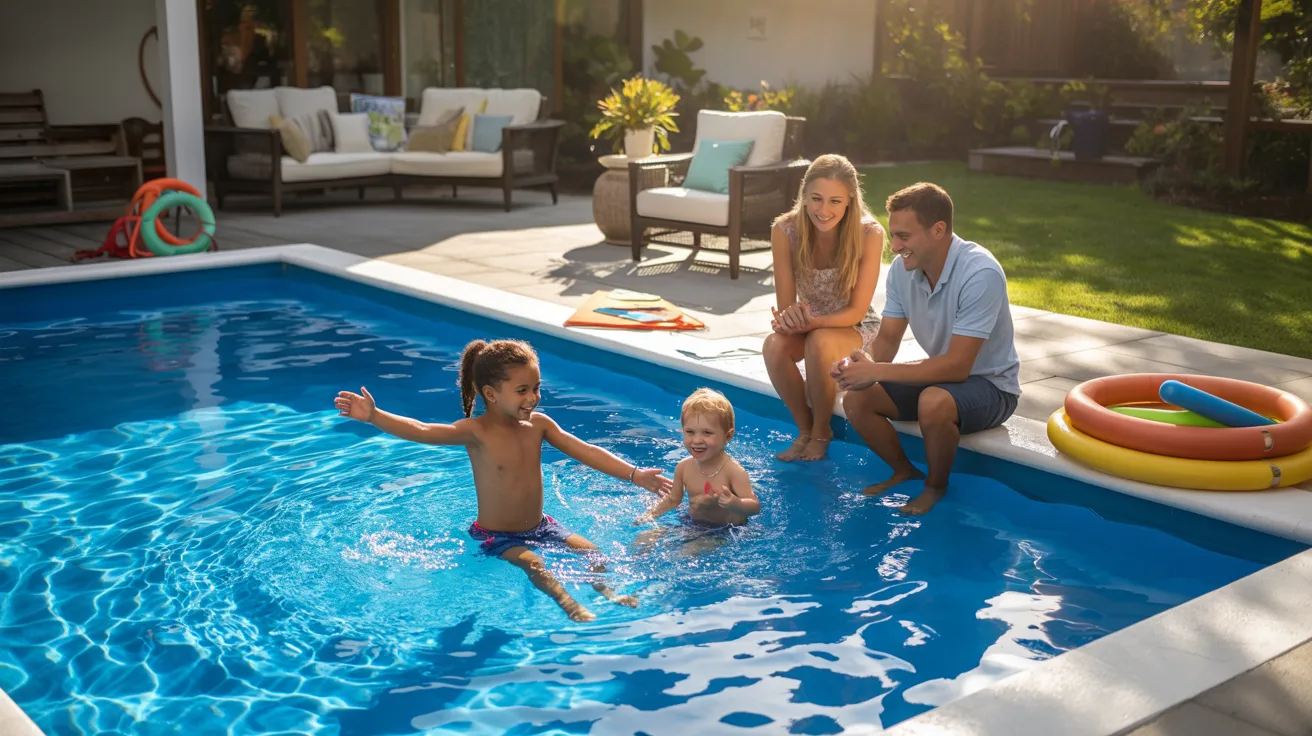 A family happily plays together in their backyard pool, enjoying a sunny day and quality time outdoors.