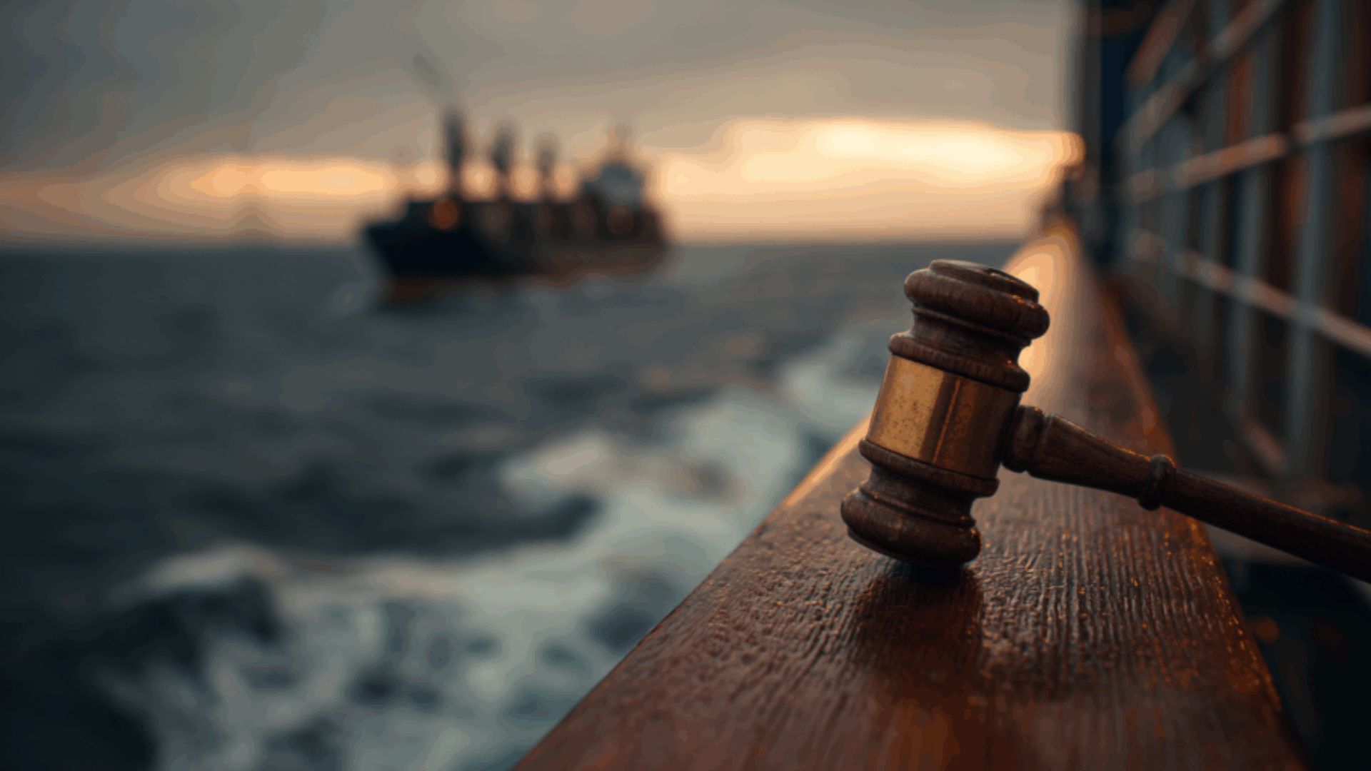 A judge's gavel resting on a wooden surface aboard a ship, symbolizing maritime law and justice at sea.