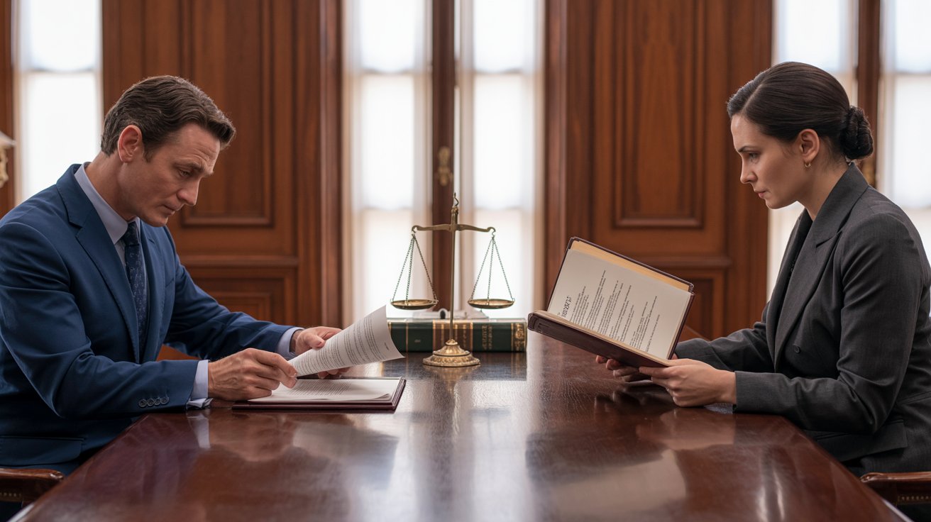 A man and woman in business attire seated at a table, engaged in a discussion or meeting.