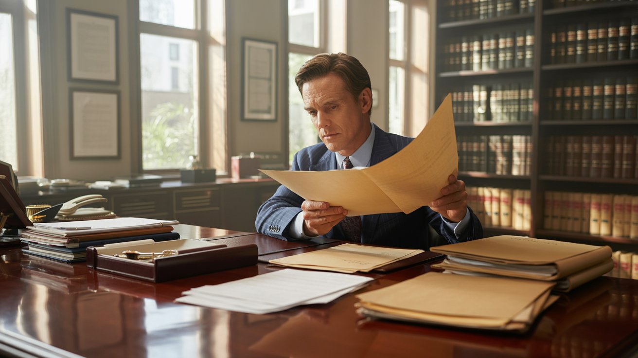 A man in a suit is intently reading a document while seated at a desk.