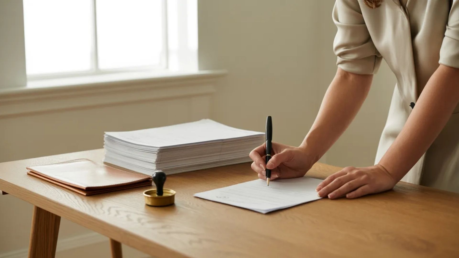 A woman is signing a document on a desk, focused on the task at hand with a pen in her right hand.