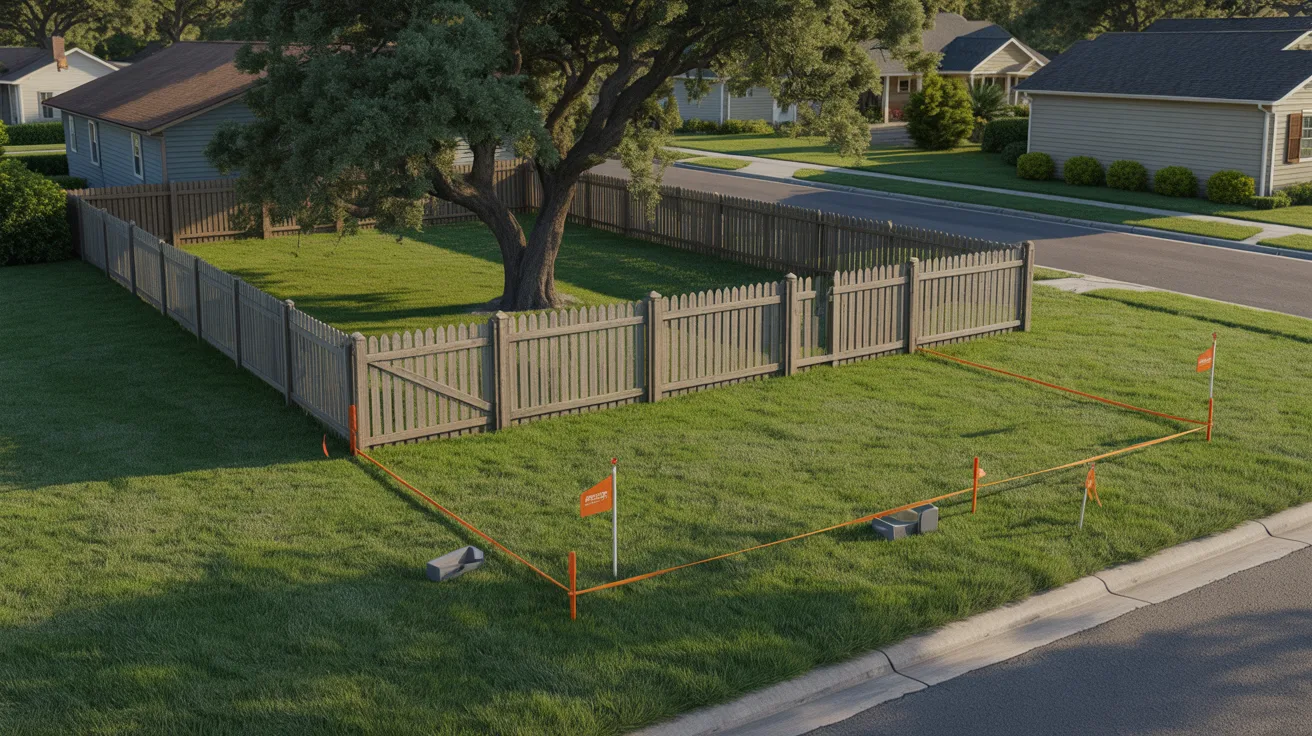A backyard featuring a wooden fence and a large green tree under a clear blue sky.
