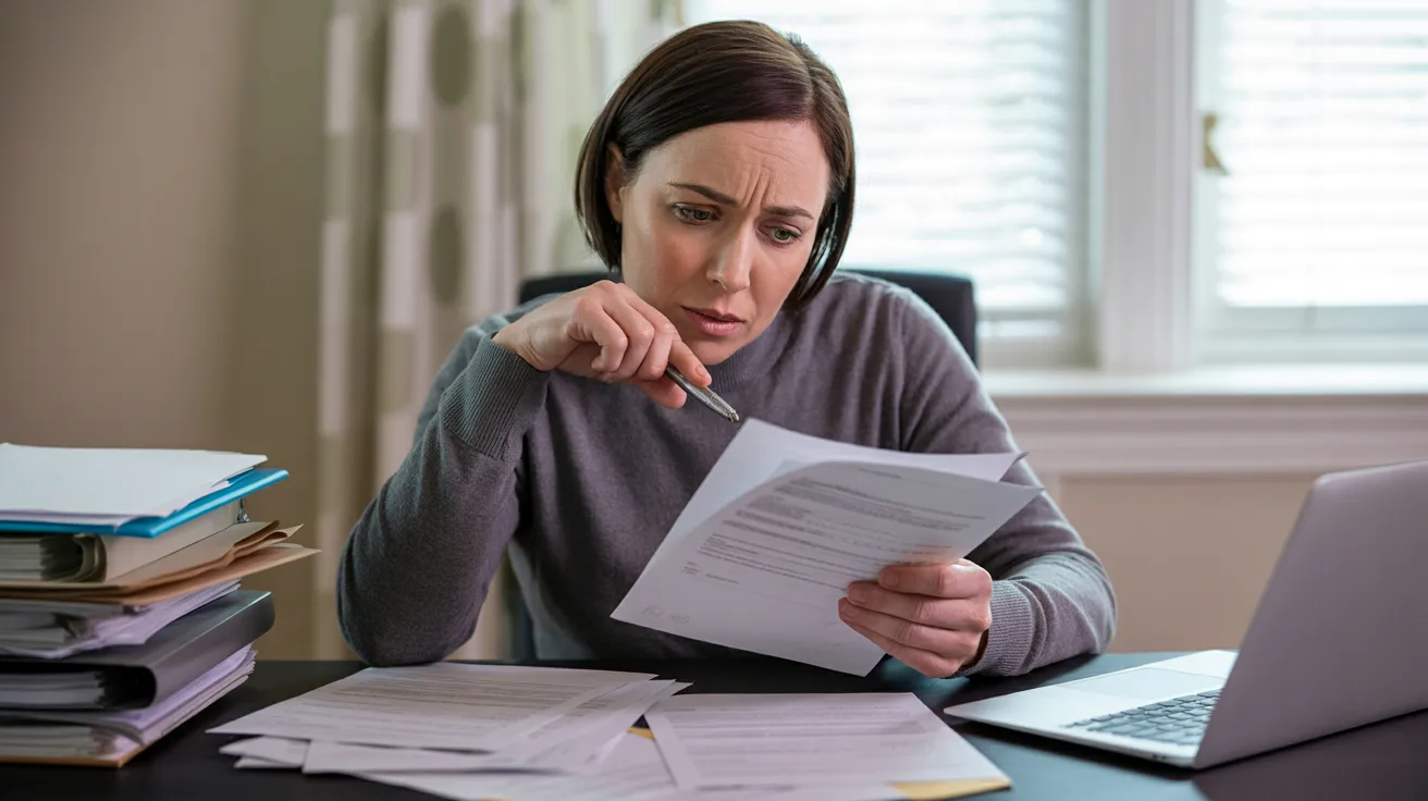 A woman seated at a desk, reviewing paperwork with a focused expression.
