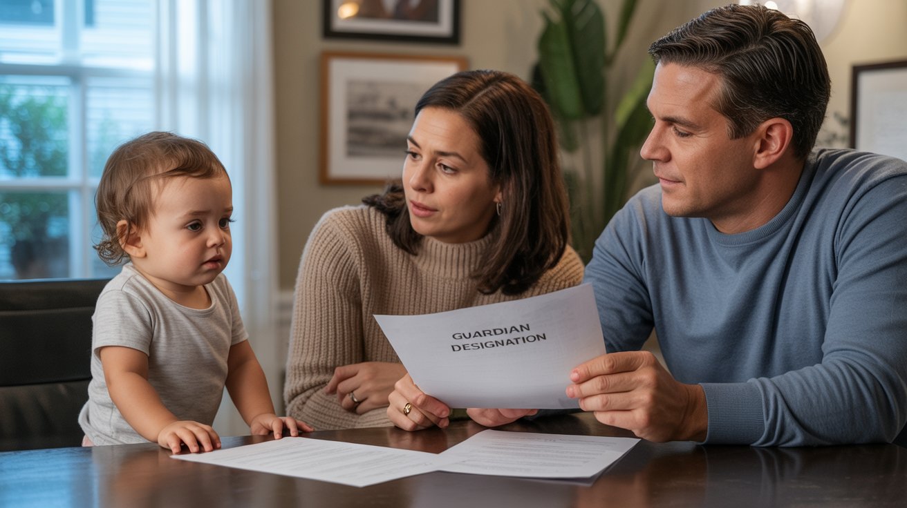 A family with a baby and a man reviewing a document together, showcasing a moment of collaboration and care.