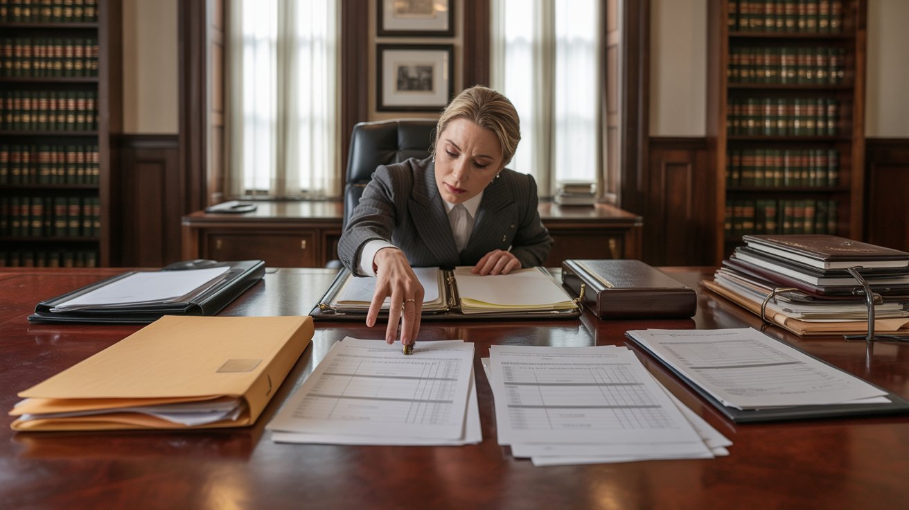 A woman in a suit sits at a desk, reviewing papers with a focused expression.