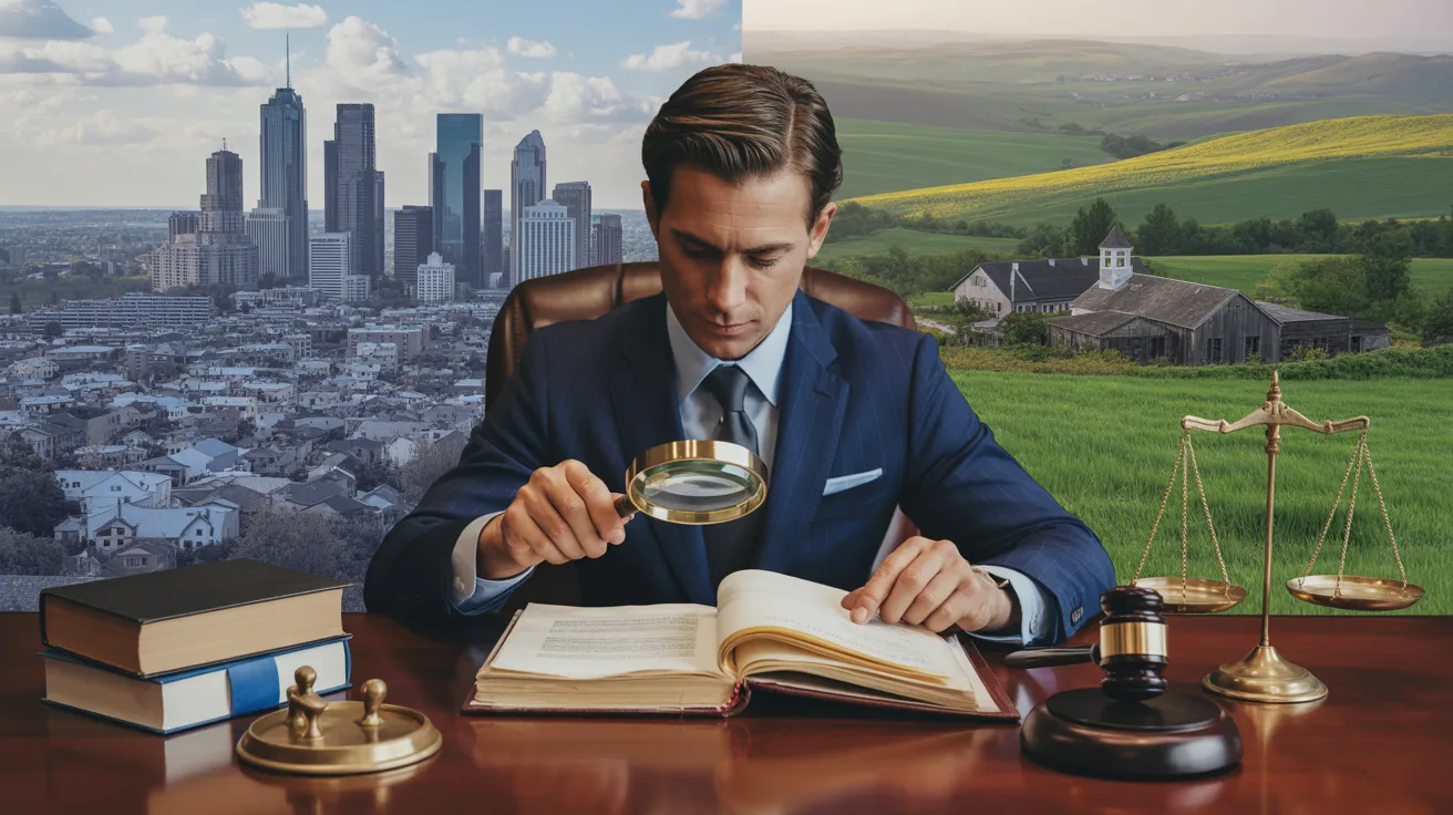 A man in a suit examines a book while gazing at a cityscape in the background.
