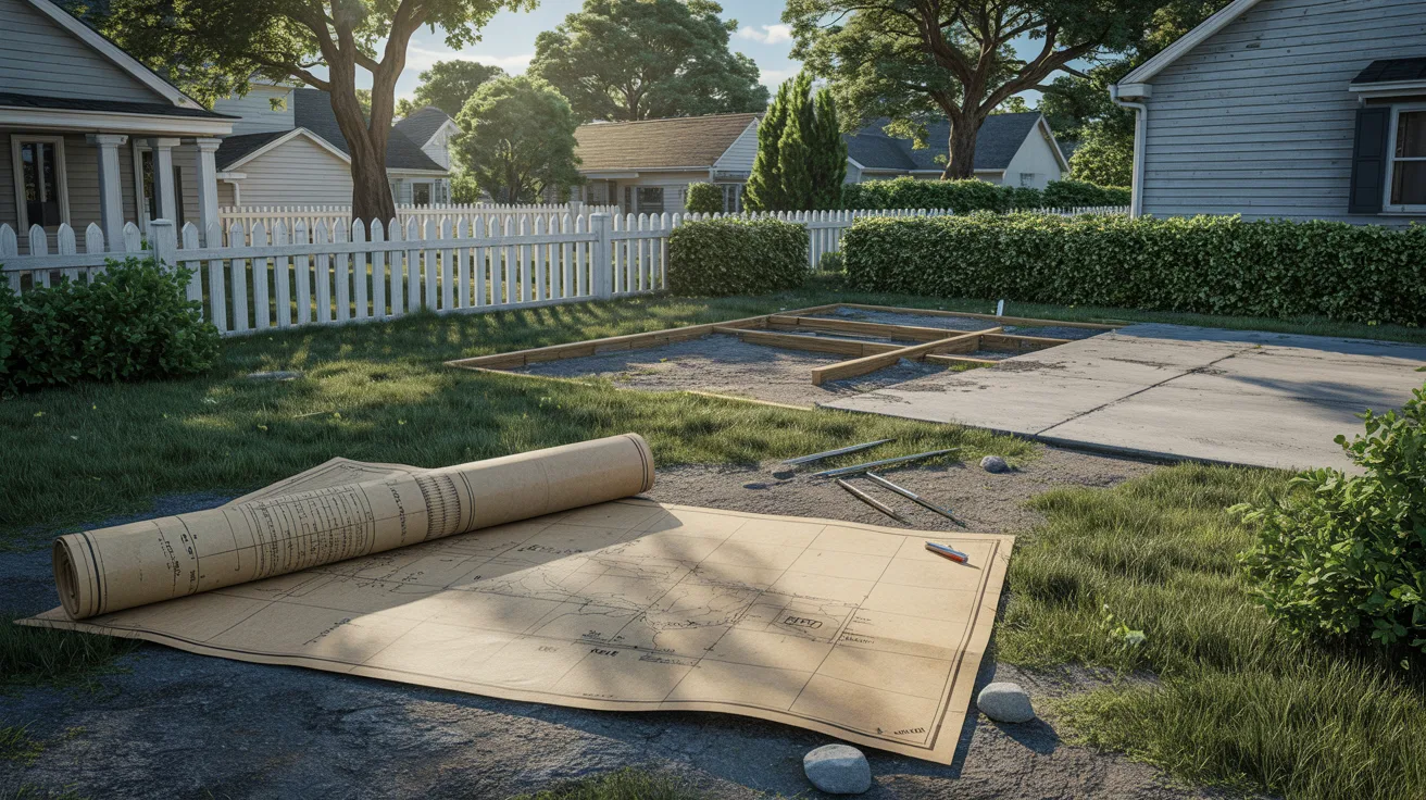 A 3D rendering of a backyard featuring a construction site with equipment and materials scattered around.