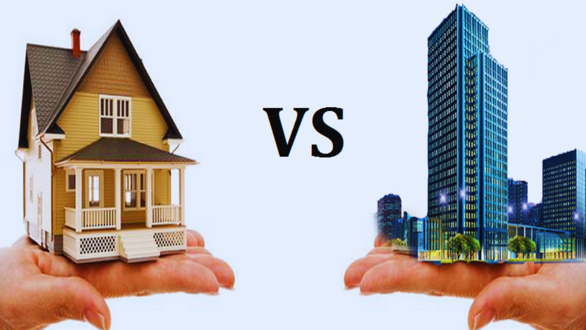 Two hands gently holding a small house and a tall building, symbolizing care for both residential and commercial spaces.