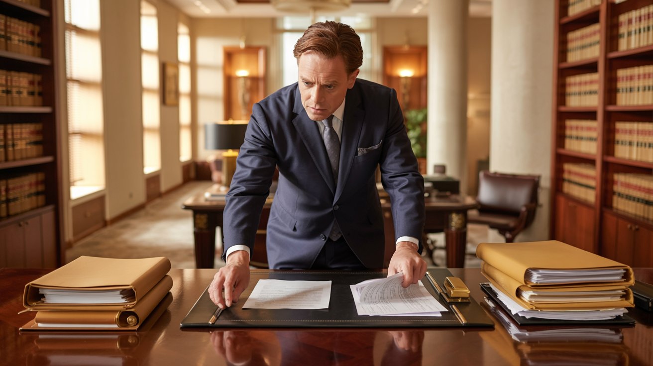 A man in a suit reviews paperwork while seated at a desk, focused on the documents in front of him.