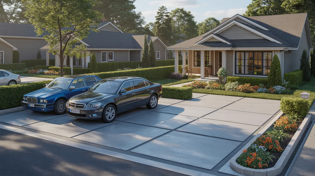 A rendering of a house with two cars parked in the driveway, showcasing a suburban residential setting.