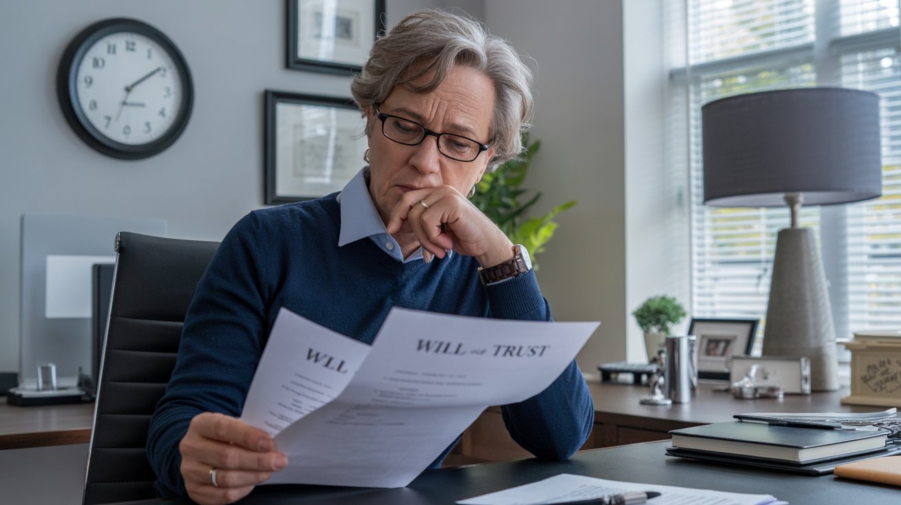 A woman sits at her desk, focused on a piece of paper in front of her.