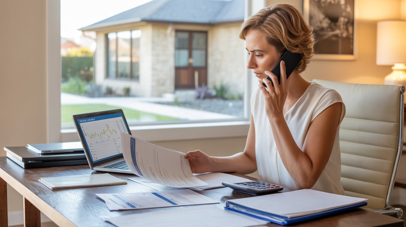 A woman sitting at a desk with papers and a laptop, talking on the phone.