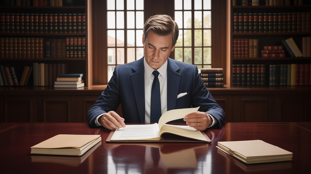 A man in a suit sits at a desk, reading a book with a focused expression.
