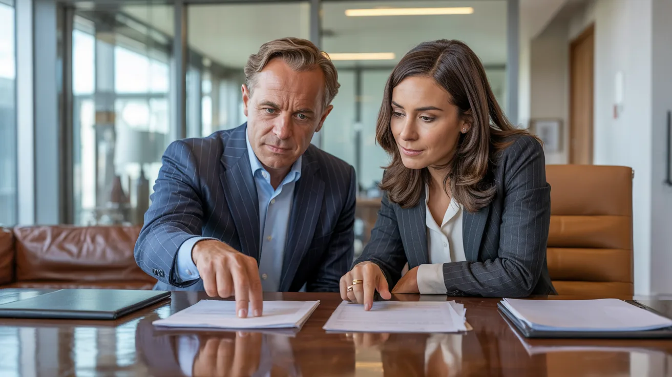 Two business professionals reviewing documents together in a modern office setting.