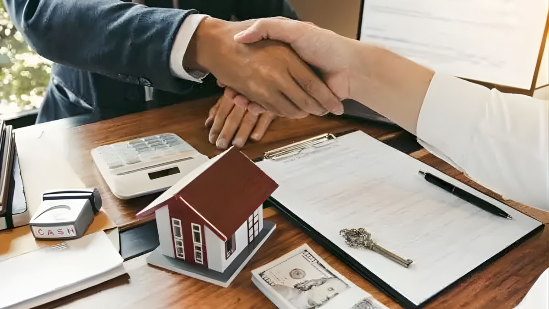 Two people shaking hands over a desk with a house model and a pen, symbolizing a real estate agreement.