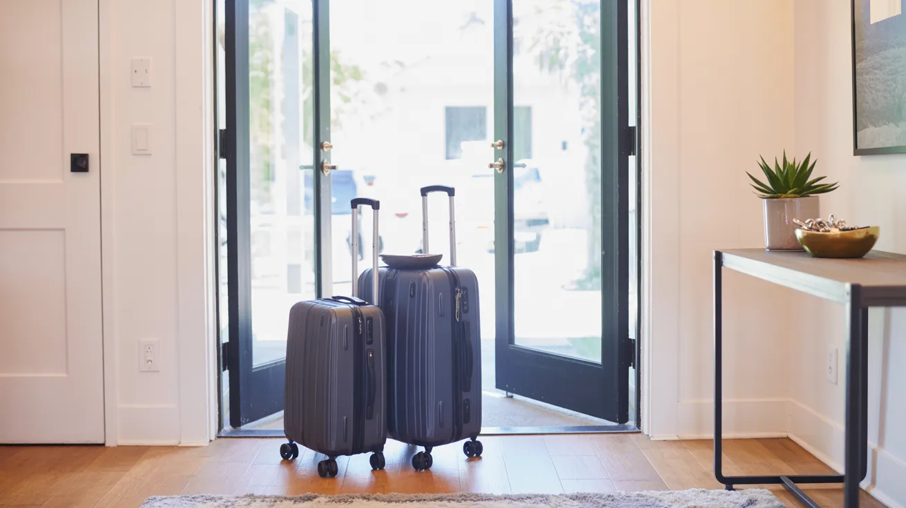 Two suitcases are placed on a rug in front of a closed door, suggesting preparation for travel.