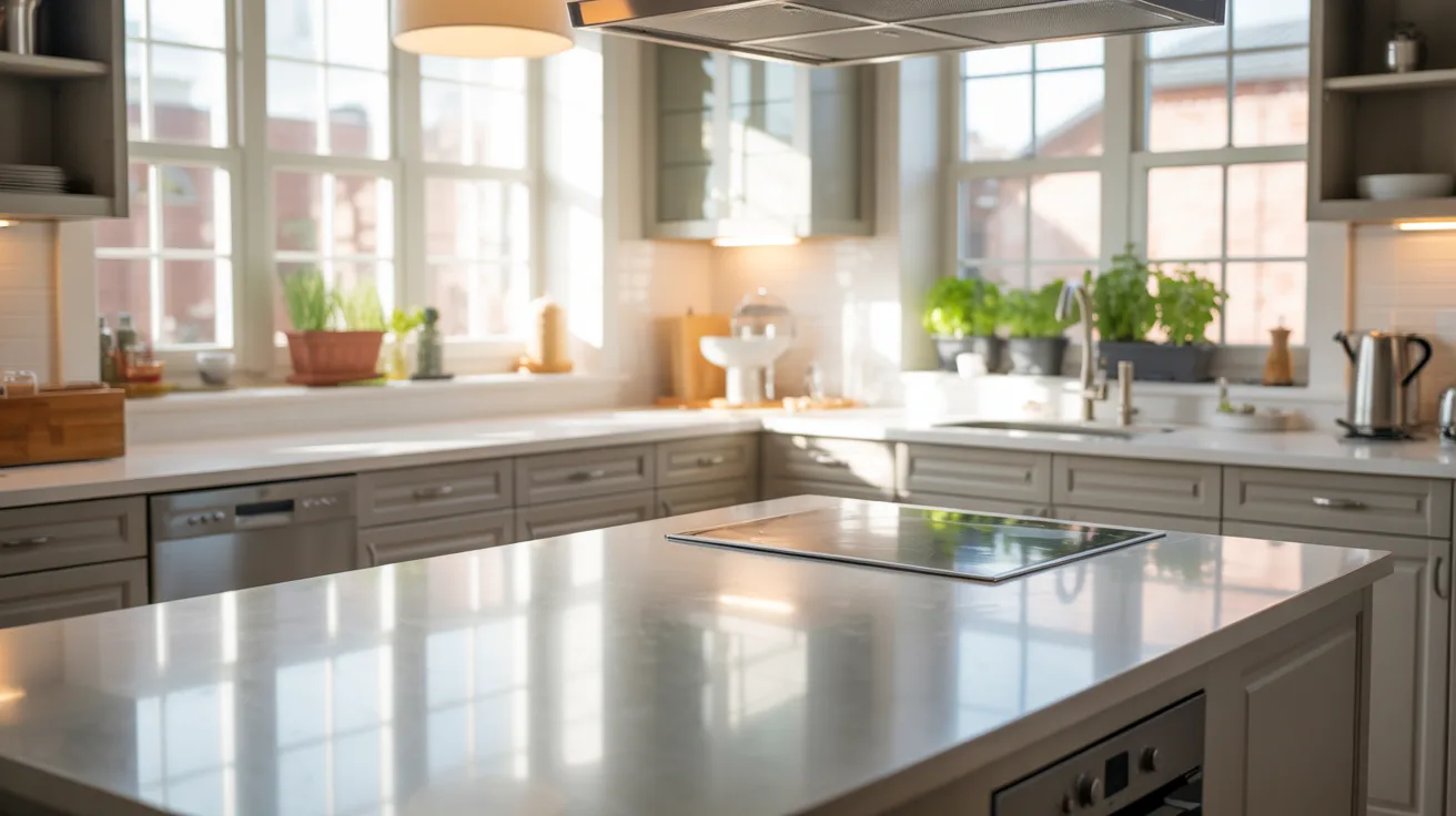 A modern kitchen featuring sleek stainless steel countertops and cabinets, showcasing a contemporary design.