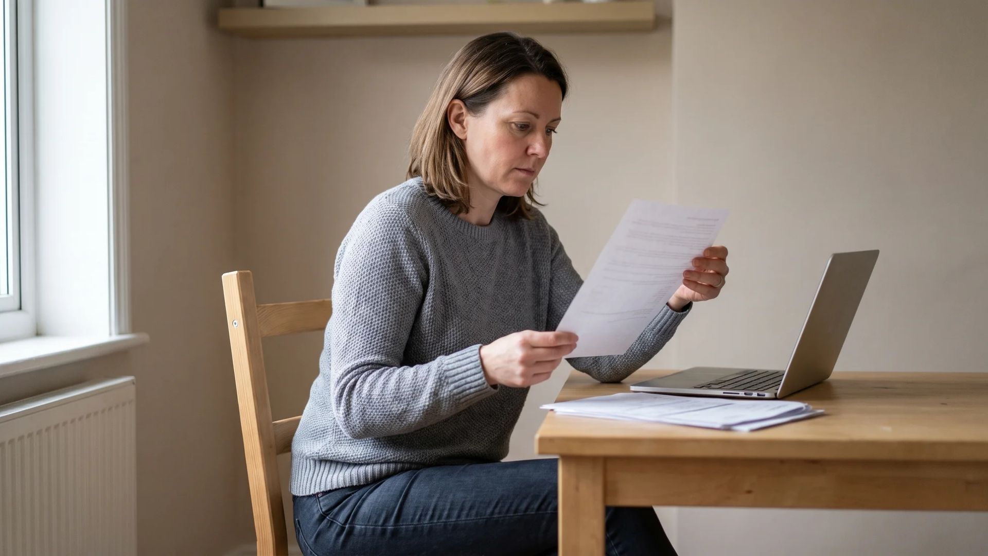A woman at a desk reviewing a paper document with a laptop and papers nearby
