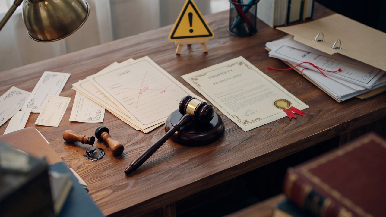 Unauthorized lease documents with property deed, legal notice, gavel, and warning symbol.