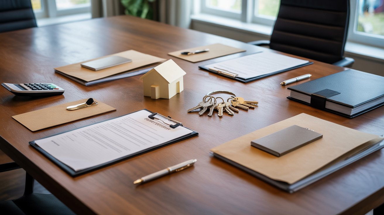 A table displaying a house model, a set of keys, and several notepads arranged neatly.