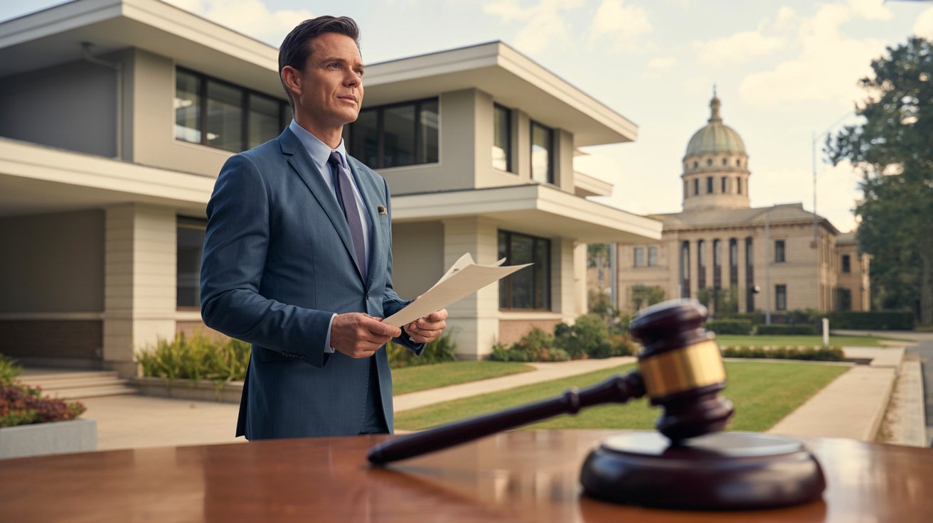 A man in a blue suit stands confidently outdoors, holding documents. A gavel is in the foreground, with a courthouse in the background under a clear sky.