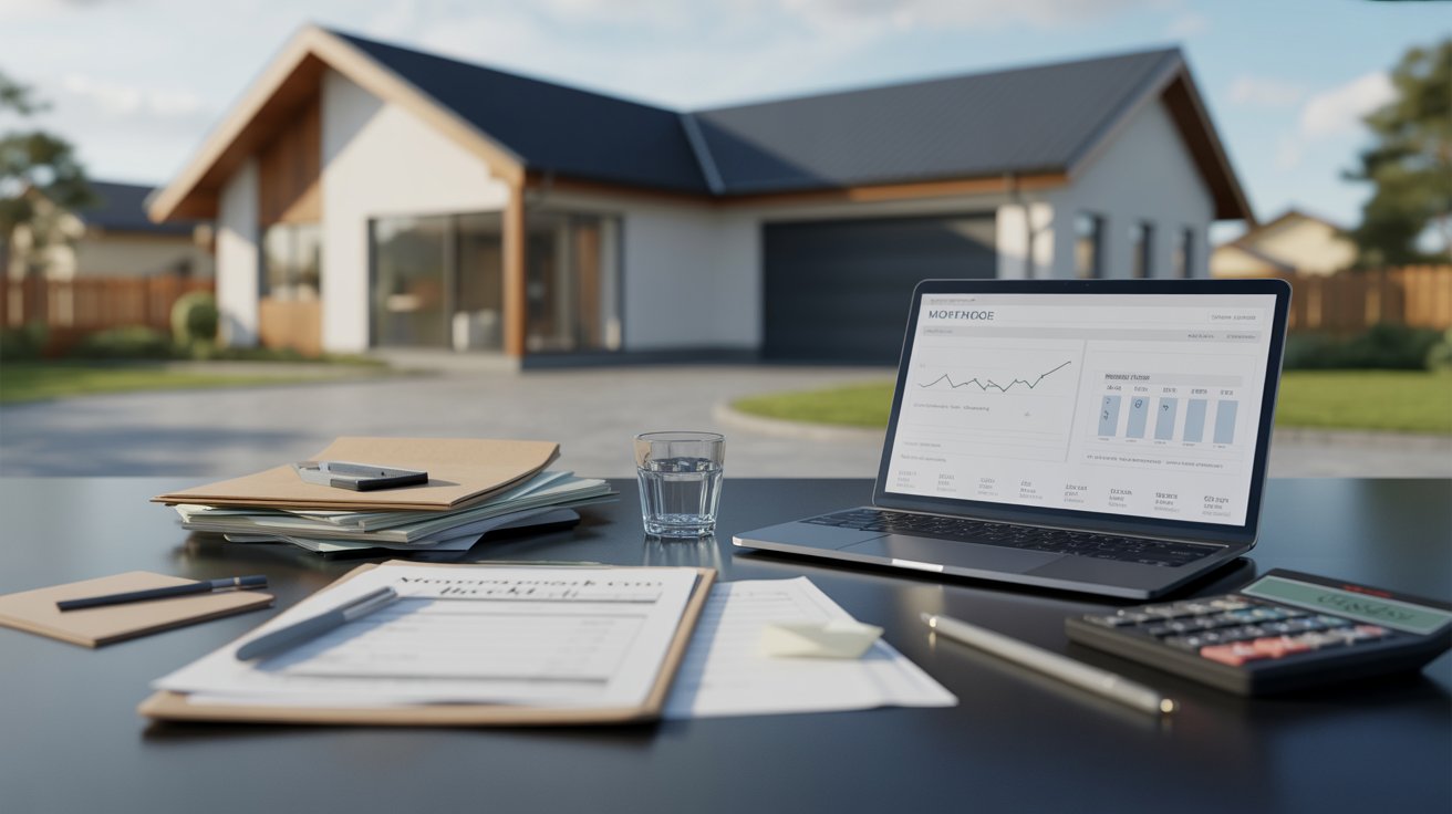 Infographic illustrating steps to obtain a mortgage for purchasing a home, including tips and requirements.