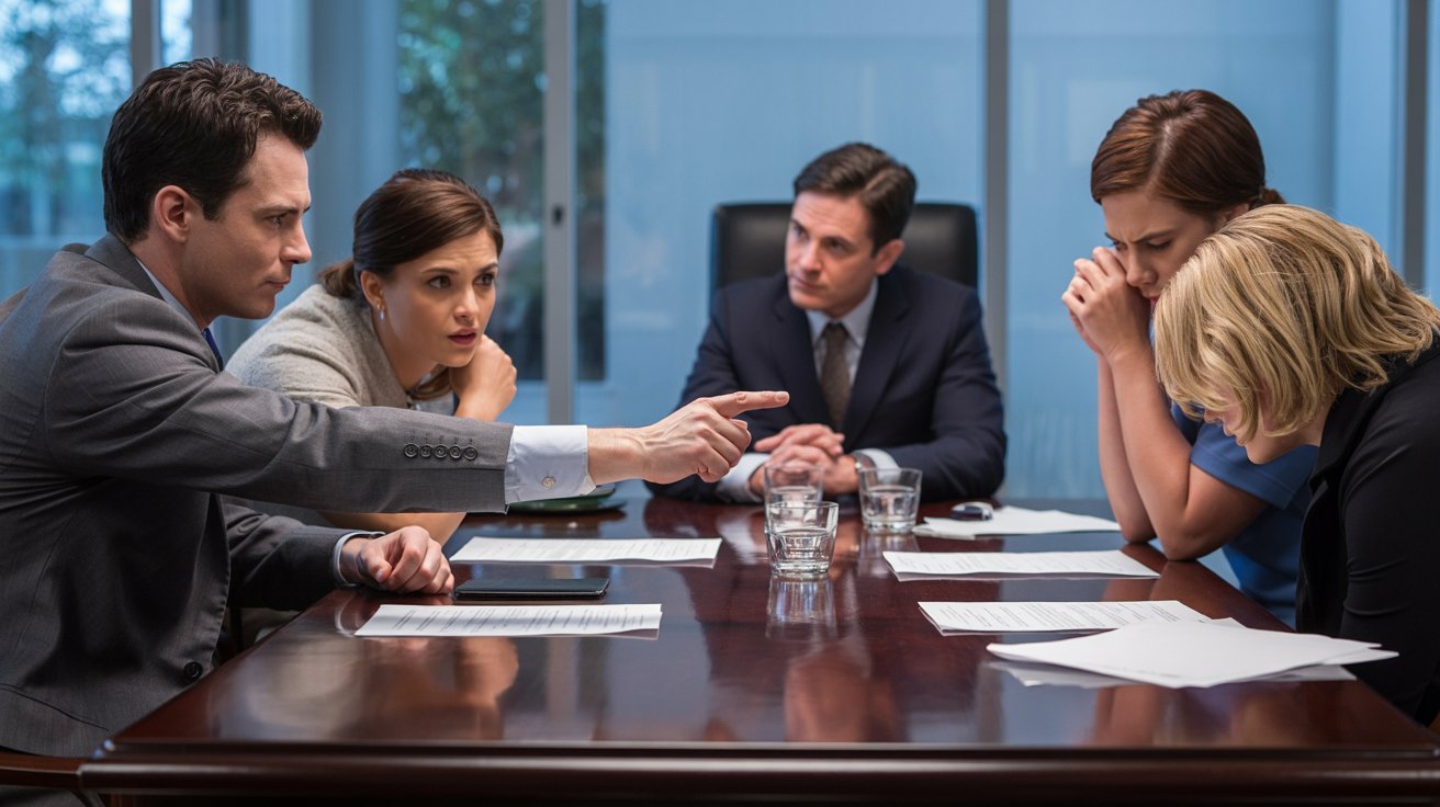 Business meeting with five people at a table covered in papers and glasses. One person is pointing, others look concerned. Tense atmosphere.