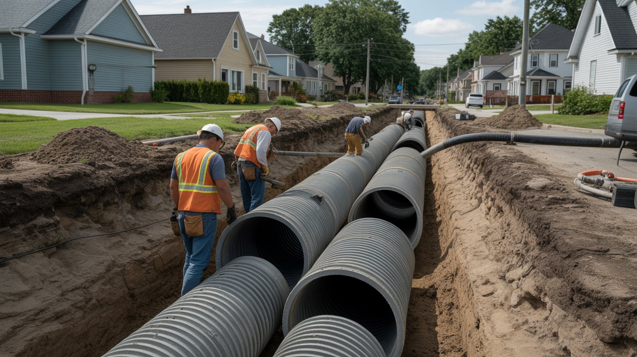 A group of men collaborating to repair a sewer pipe, wearing safety gear and focused on their task.