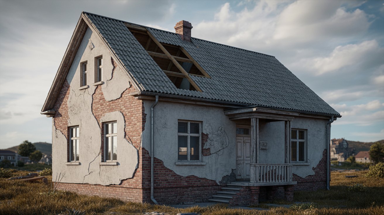 A house with a damaged roof and a shattered window, indicating neglect or recent storm damage.
