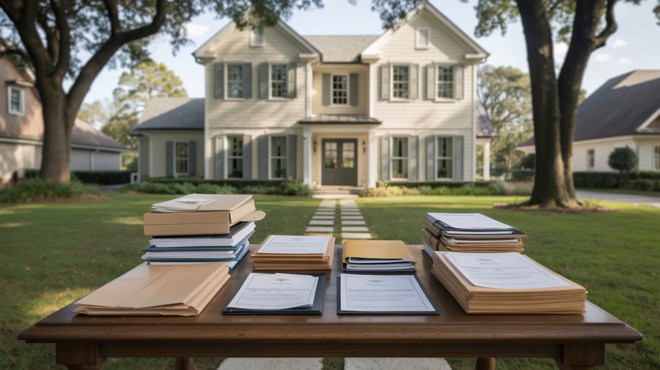 A table with scattered papers and books is set in front of a house, suggesting a study or work area outdoors.