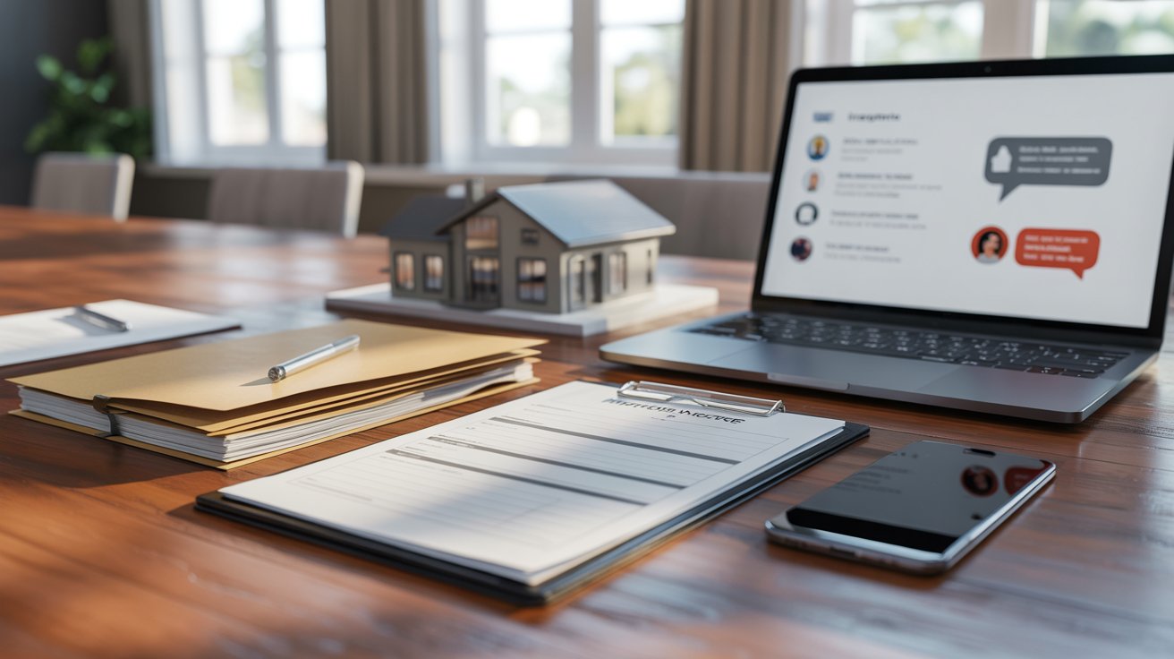 A laptop and notepad rest on a wooden table, with a house visible in the background.