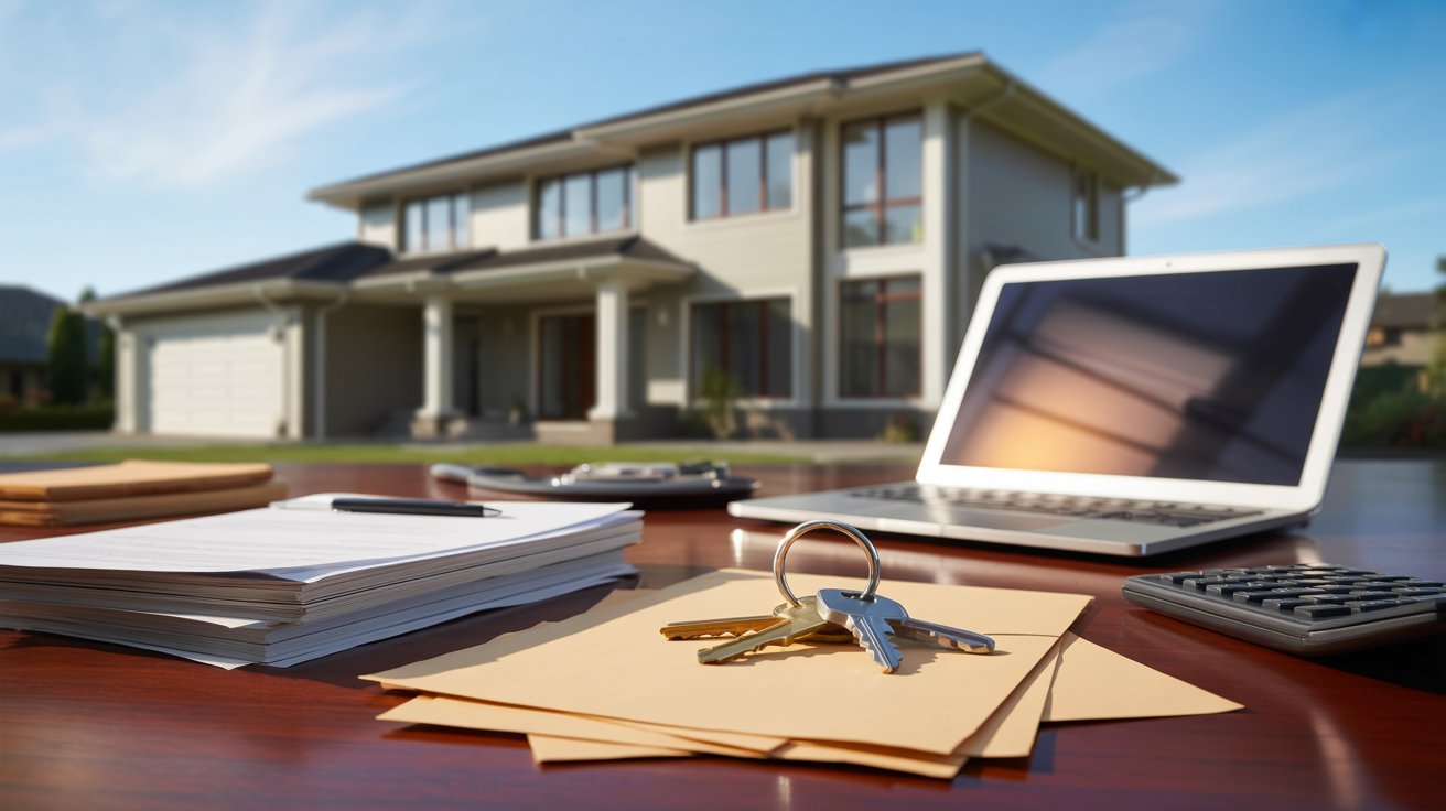 A laptop, keys, and papers are placed on a desk in front of a house, suggesting a workspace in a home setting.