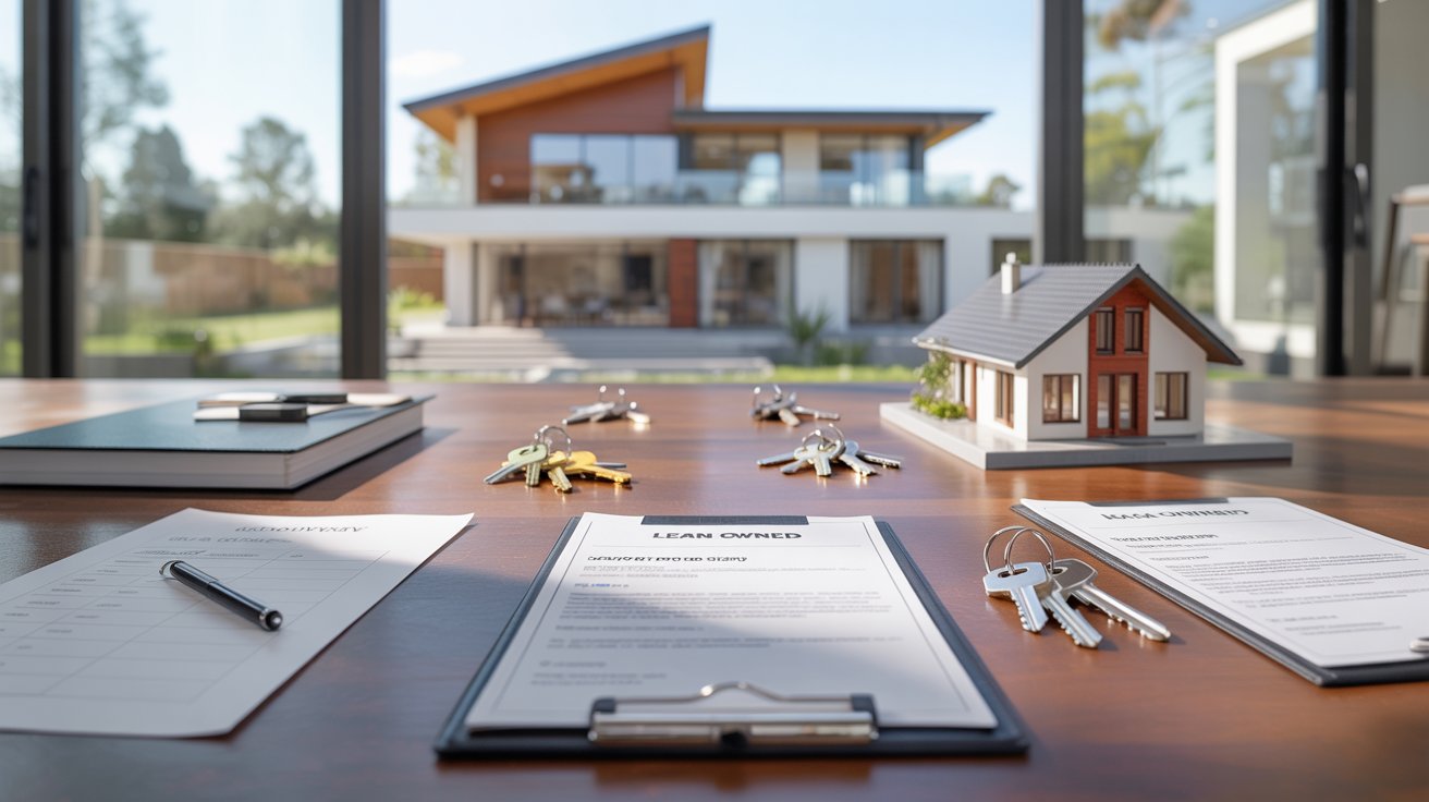 A real estate agent's desk featuring a house model and a set of keys, symbolizing home buying and selling services.